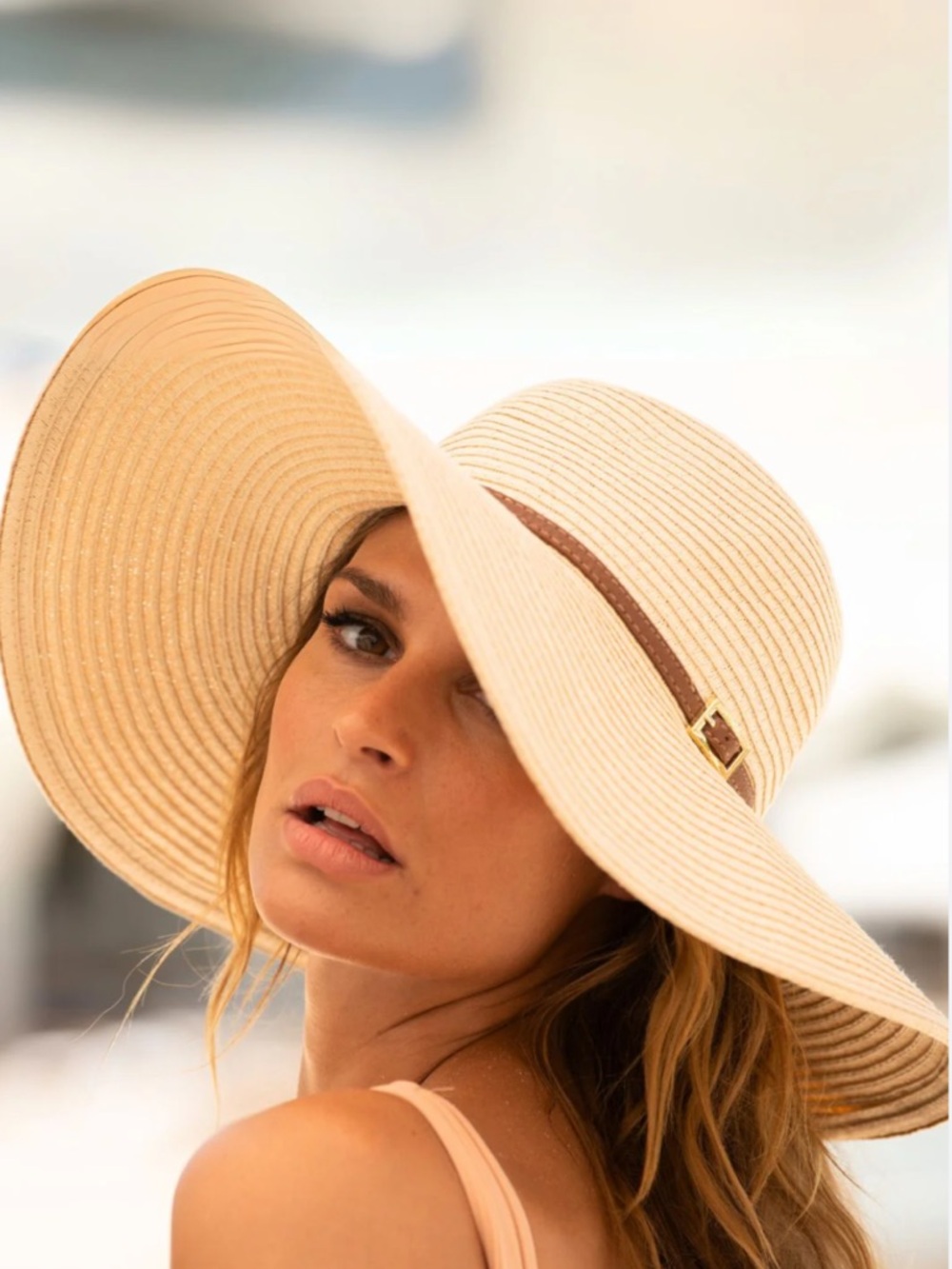 Melissa Odabash Jemima Floppy Wide Brim Hat, White and Tan Leather Trim
